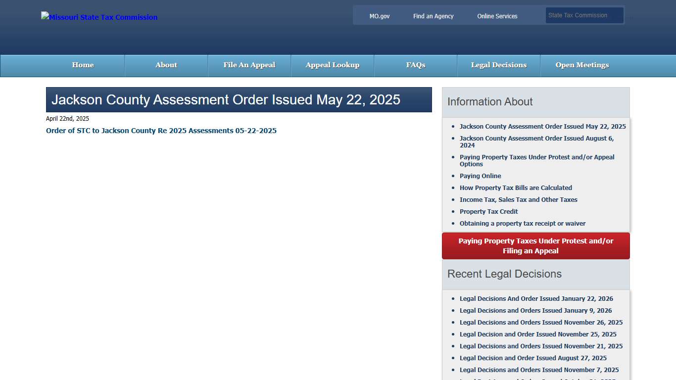 Missouri State Tax Commission » » Jackson County Assessment Order Issued May 22, 2025